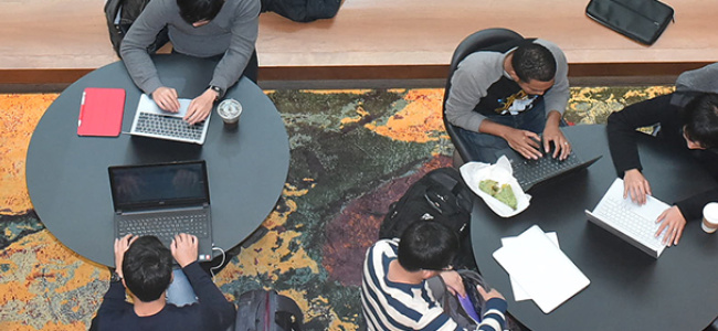 Students working in Blau Hall