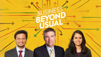Dave Brandon, Aishwarya Dhume, and Vashisht Sai on the background of the BBU podcast logo